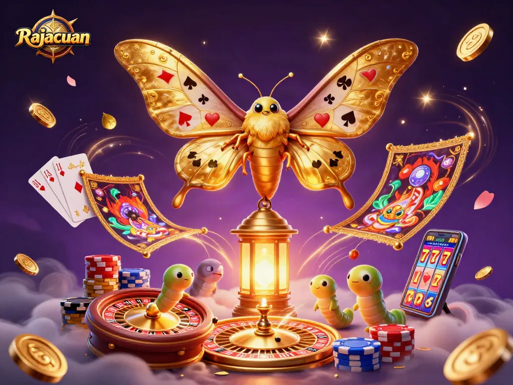 Experience Rajacuan's thrilling casino scenery with a majestic moth, vibrant games, and golden symbols.