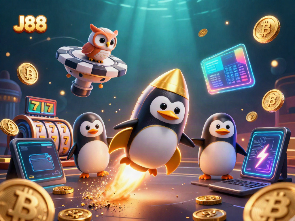 Join the excitement at J88 casino with a rocket-powered penguin amidst golden coins.