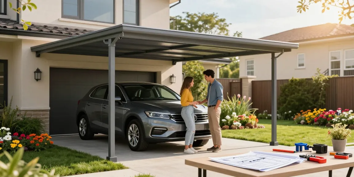 Moderne Carport-Lösung, die Schutz für Fahrzeuge bietet und unter einem sonnigen Himmel in einem schönen Garten steht.