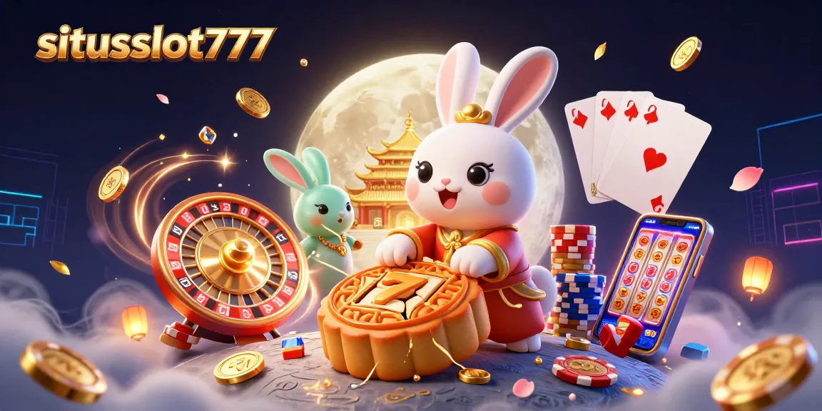 Engage with situsslot777 through an enchanting illustration of a moon rabbit revealing slot reels among floating gems.