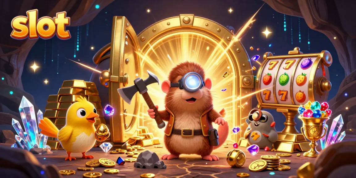 Slot gaming scene with a treasure hunter mole, revealing rich jackpots and vibrant icons.