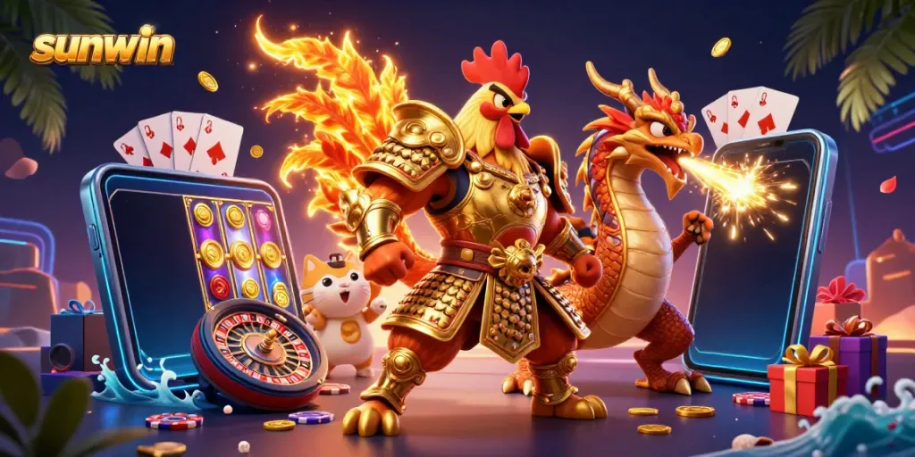 Experience the thrill of gaming with sunwin, where a rooster warrior and dragon hatchling embody excitement.