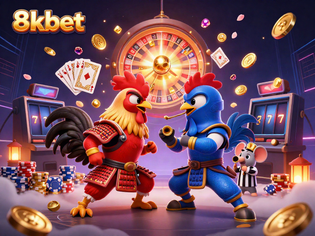 Experience exhilarating 8xbet gaming excitement with twin roosters battling among casino riches.