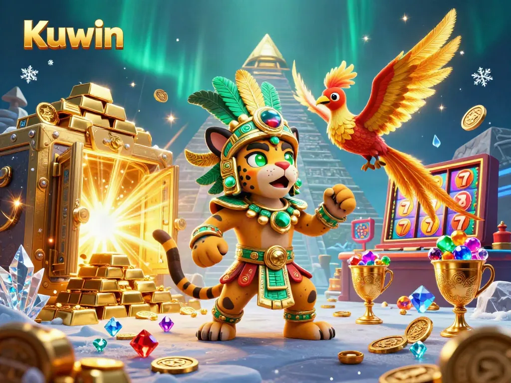 Kuwin features a vibrant 3D jaguar priest in a thrilling casino scene filled with gold and game elements.
