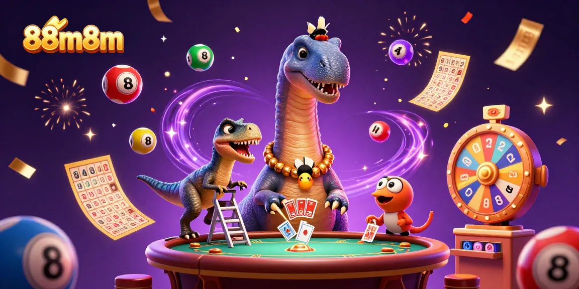 Experience the excitement of 88m8m with a vibrant casino scene featuring playful characters and dynamic gaming elements.
