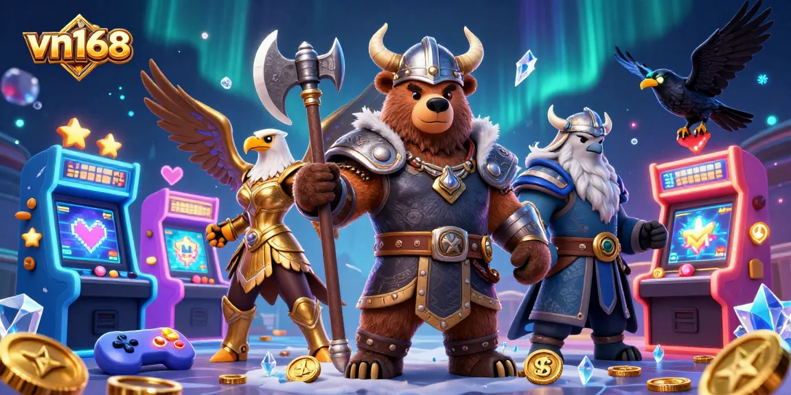 Engage with vn168's thrilling gaming experience featuring majestic characters and vibrant casino elements.