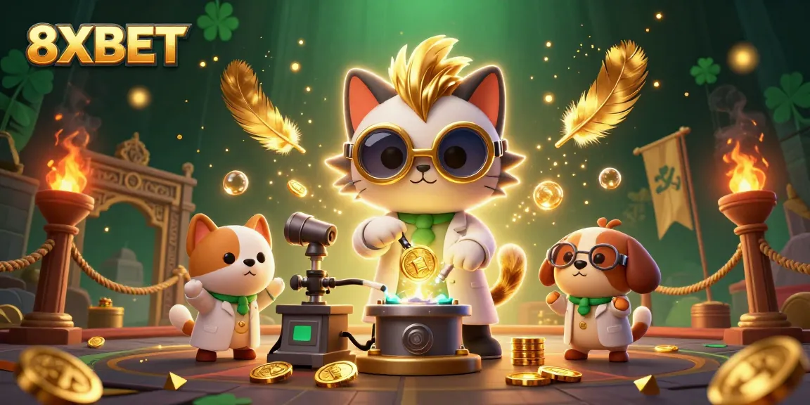 Experience the excitement of 8XBET with a mad scientist cat and dog creating gold coins in a lively casino scene.