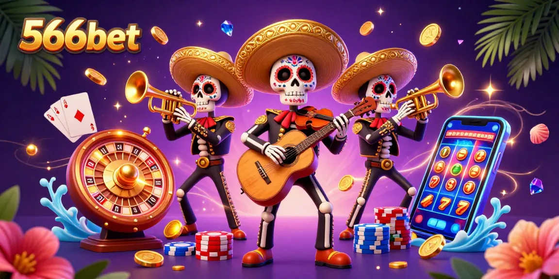 Engage with exhilarating games at 566bet, featuring a vibrant mariachi band and dynamic casino elements.