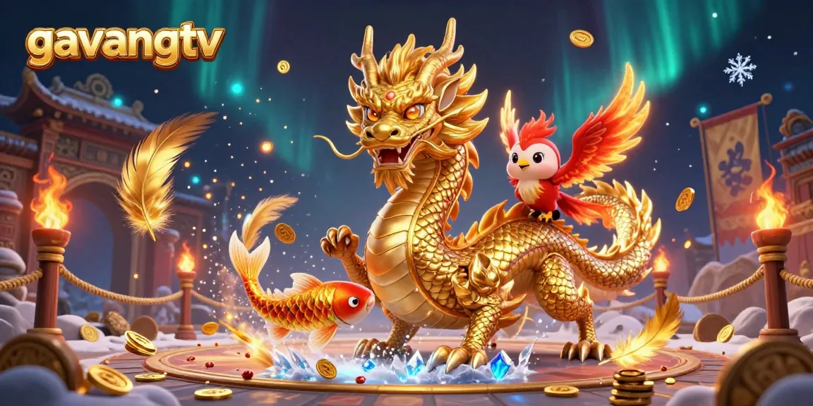 Experience thrilling action with gavangtv's vibrant 3D dragon and phoenix illustration amidst a dynamic casino setting.
