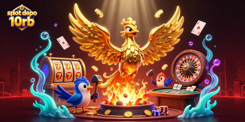Win big with slot depo 10rb featuring a molten metal phoenix and gaming elements.