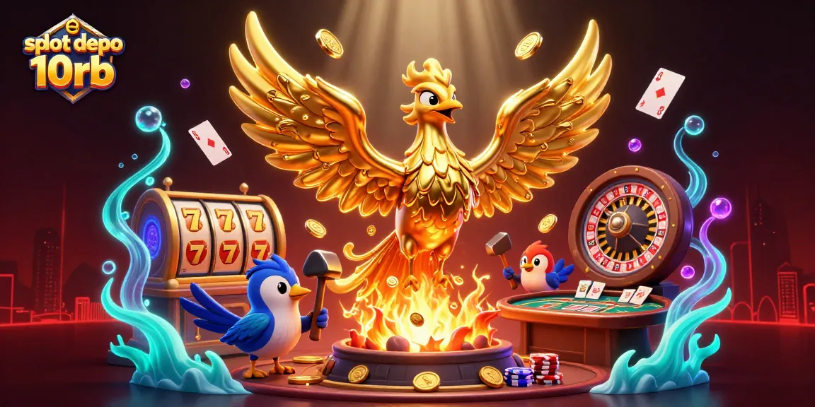 Win big with slot depo 10rb featuring a molten metal phoenix and gaming elements.