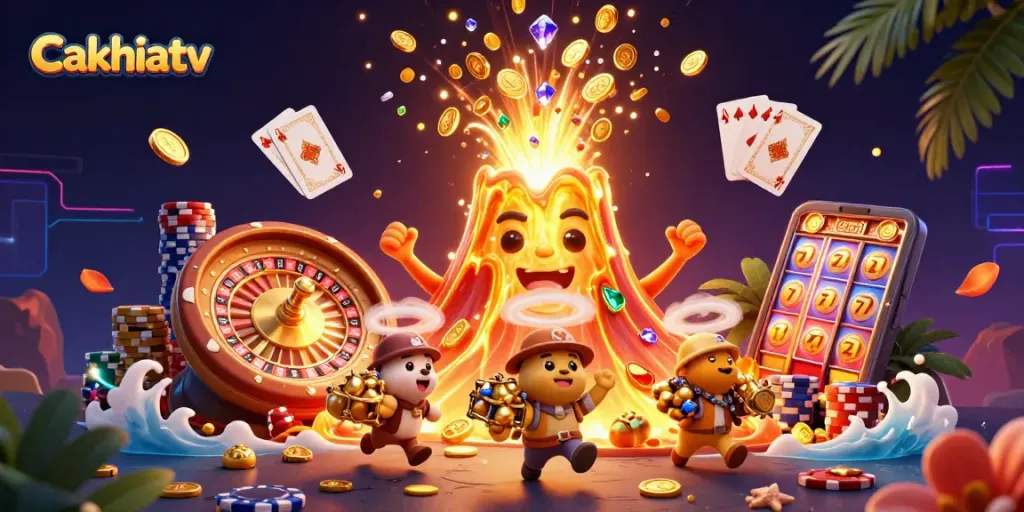 Cakhiatv shows thrilling wins with a golden volcano erupting coins and treasure amidst casino excitement.
