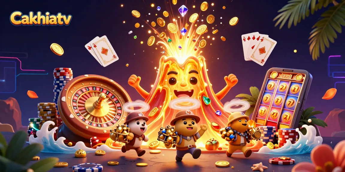 Cakhiatv shows thrilling wins with a golden volcano erupting coins and treasure amidst casino excitement.