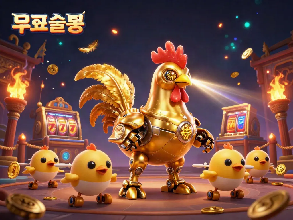Explore exciting 무료슬롯 action with golden rooster robot and baby chick drones in dynamic casino setting.