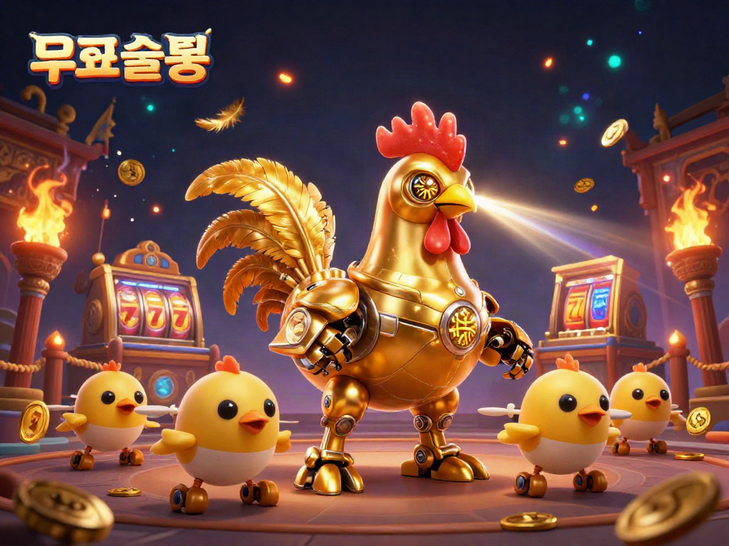 Explore exciting 무료슬롯 action with golden rooster robot and baby chick drones in dynamic casino setting.