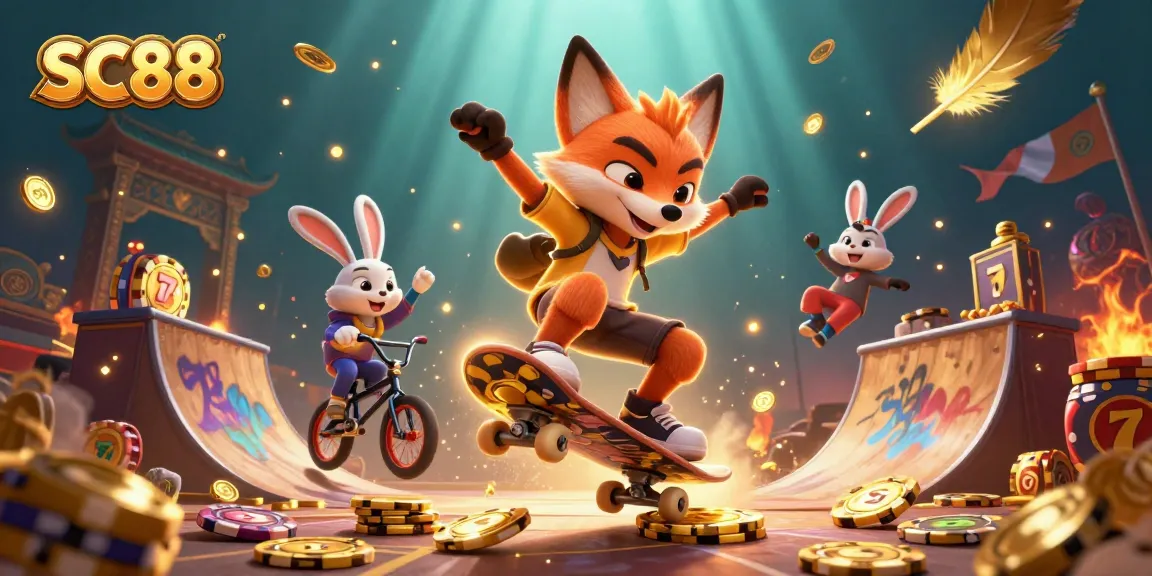SC88 offers excitement with a skateboarder fox and BMX-riding rabbit in a vibrant casino-themed scene.