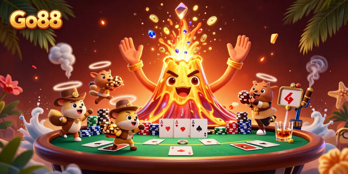 Engage with the excitement of Go88 as the golden volcano erupts with treasures, highlighting triumph.