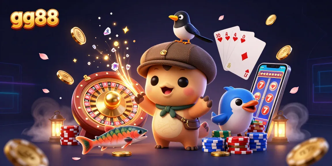 Experience the excitement of gg88 with vibrant games and rewards unfolding in a dynamic, 3D illustrative scene.