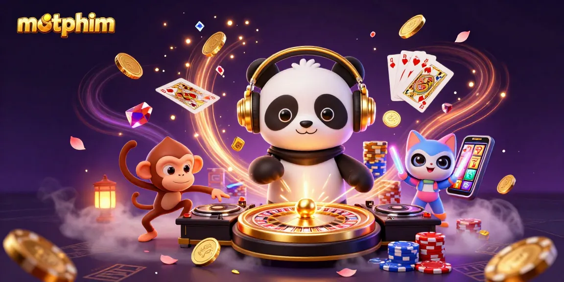 Experience motphim in a vibrant gambling scene with a DJ panda and thrilling casino elements.