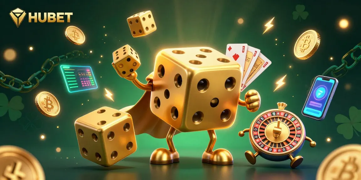 HUBET gamblers enjoy thrilling games with golden dice and crypto elements in a vibrant online casino.