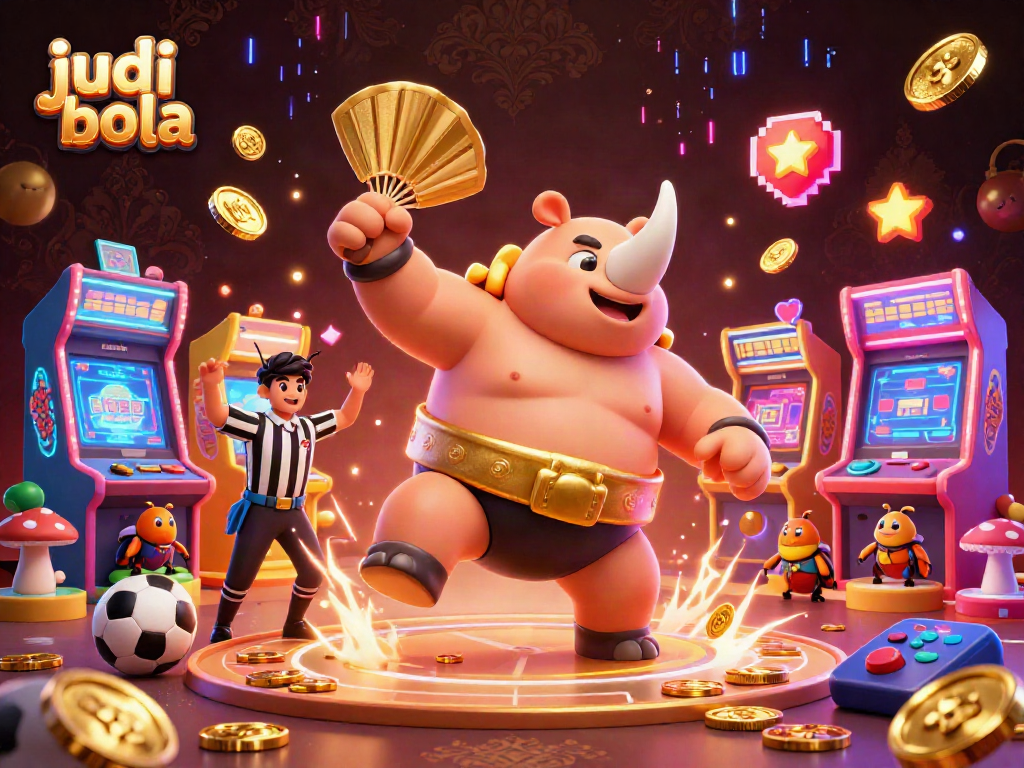 Engage in judi bola excitement as a sumo beetle stomps coins, surrounded by vibrant sports betting elements.