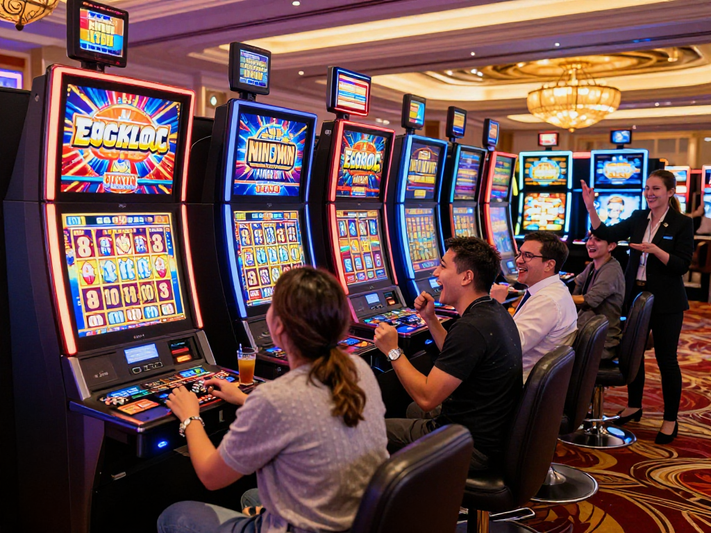 Players celebrating a slot jackpot win in a vibrant casino atmosphere.