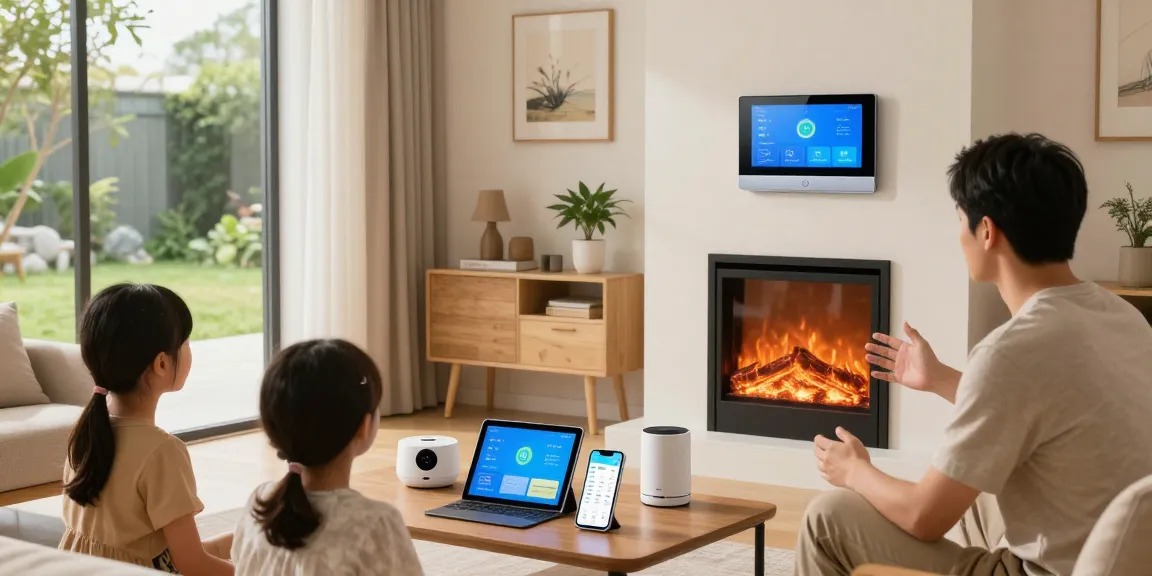 A family engages with their smart thermostat in a modern living room, showcasing energy-efficient technology and home automation.