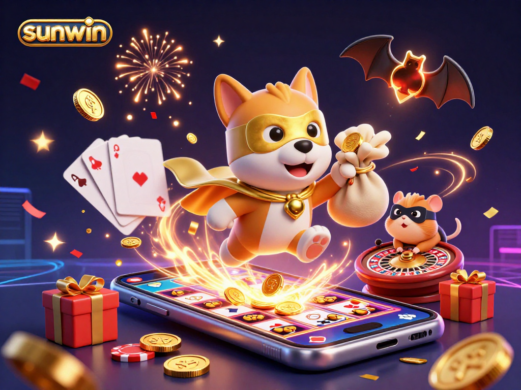 Engaging sunwin illustration of a superhero dog flying, surrounded by dynamic casino elements.