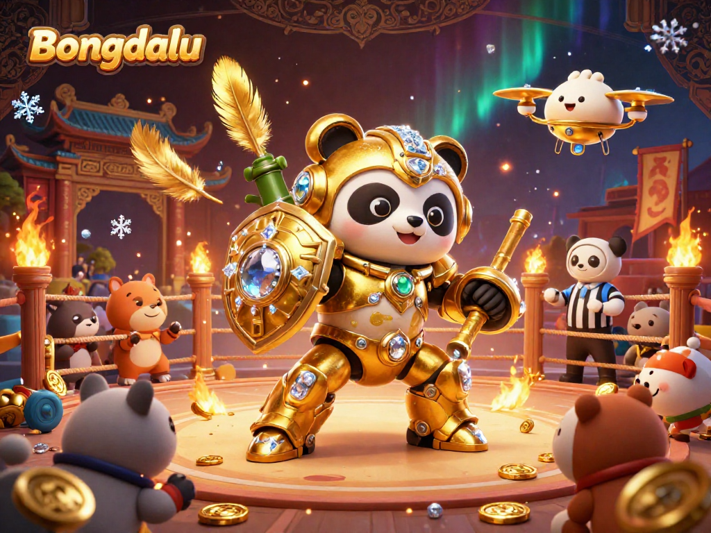 Bongdalu showcases a dynamic 3D scene with a mech-suit panda battling in a vibrant casino arena filled with gold and excitement.