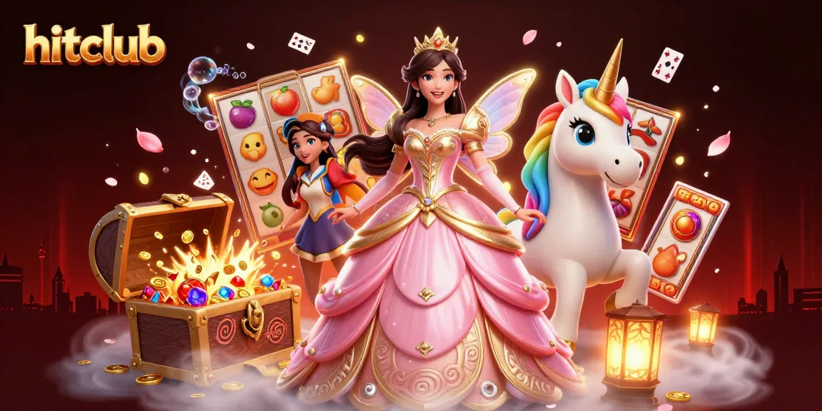Experience the excitement of hitclub with vibrant slots, golden treasures, and characters in a dynamic casino scene.
