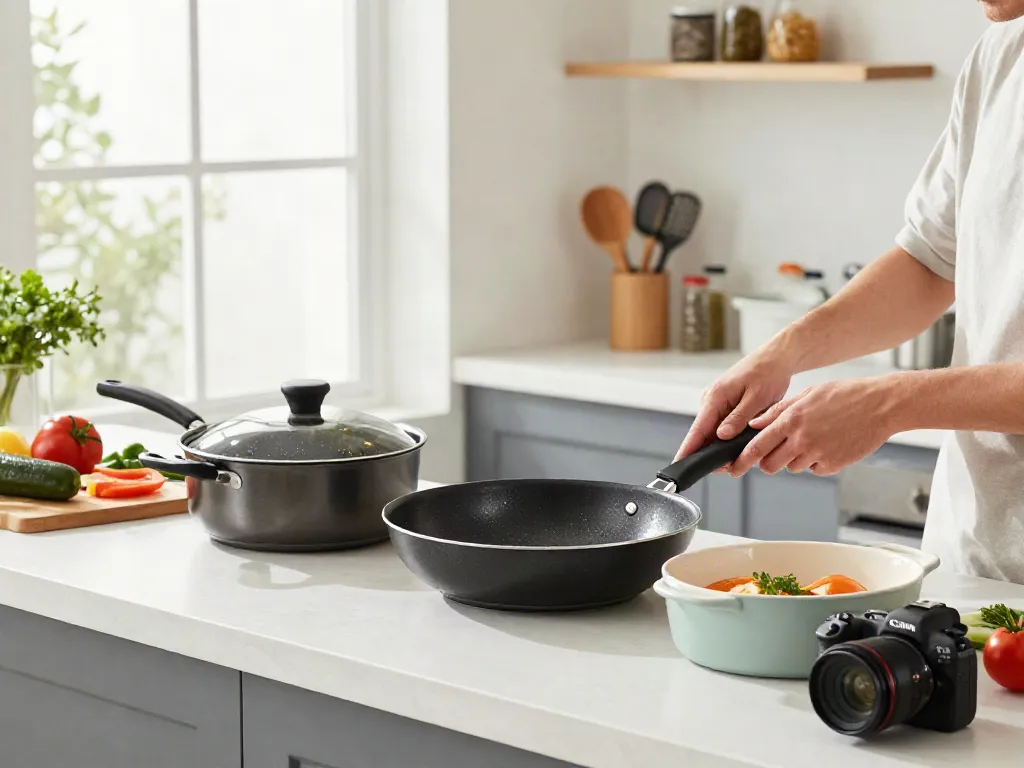 Non-Stick Cookware price in bangladesh highlighted in a bright kitchen with a cook preparing fresh dishes.