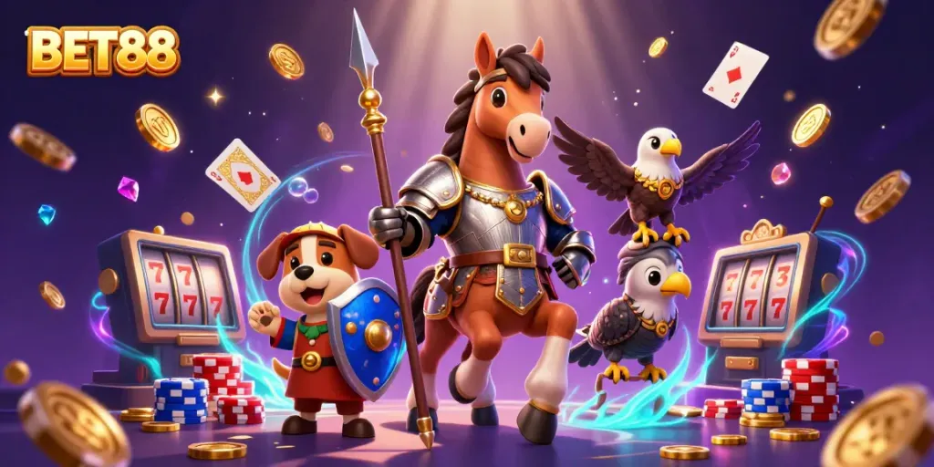 Experience the excitement of BET88 with a knight, squire, and falcon amidst vibrant casino elements.