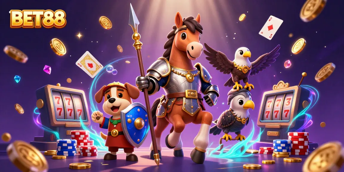Experience the excitement of BET88 with a knight, squire, and falcon amidst vibrant casino elements.