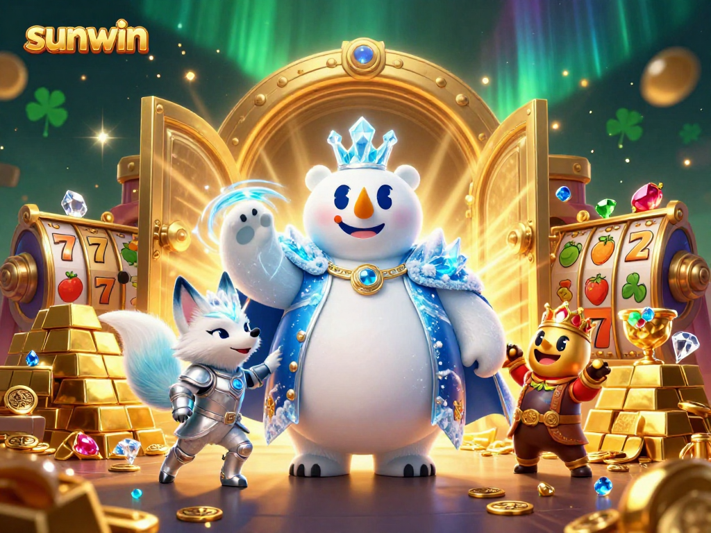 Join the fun with sunwin in a vibrant casino scene featuring a polar bear and a snow fox amidst treasures.