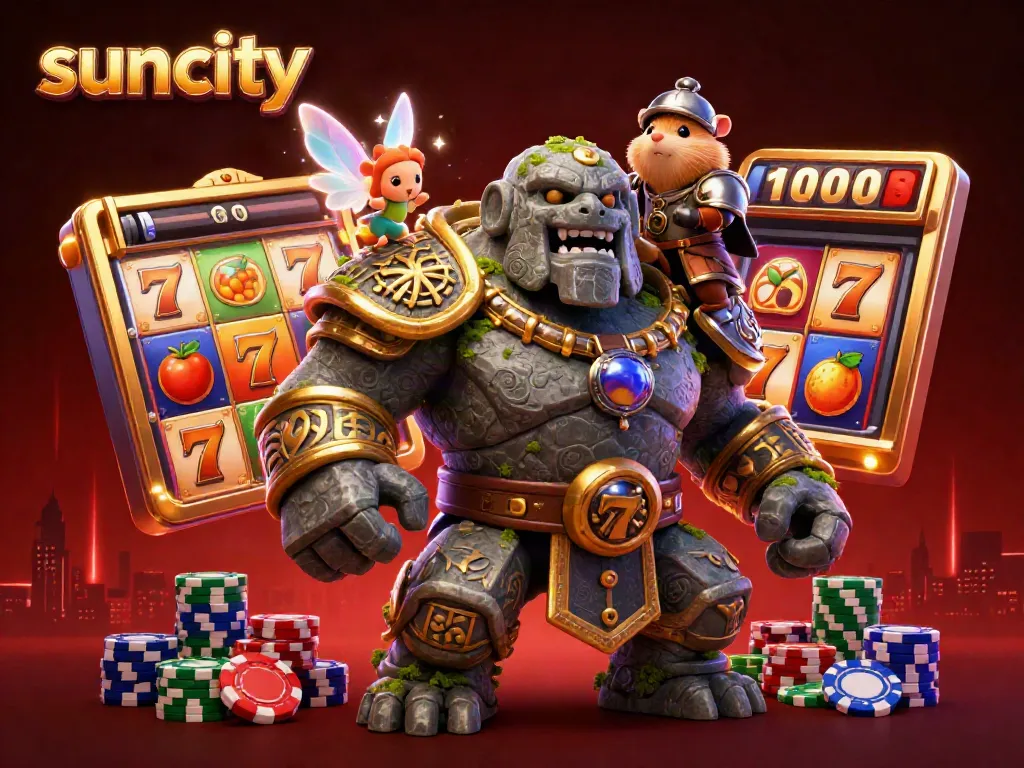 Experience the vibrant excitement of Suncity with magical characters and slot reels showcasing high winnings.