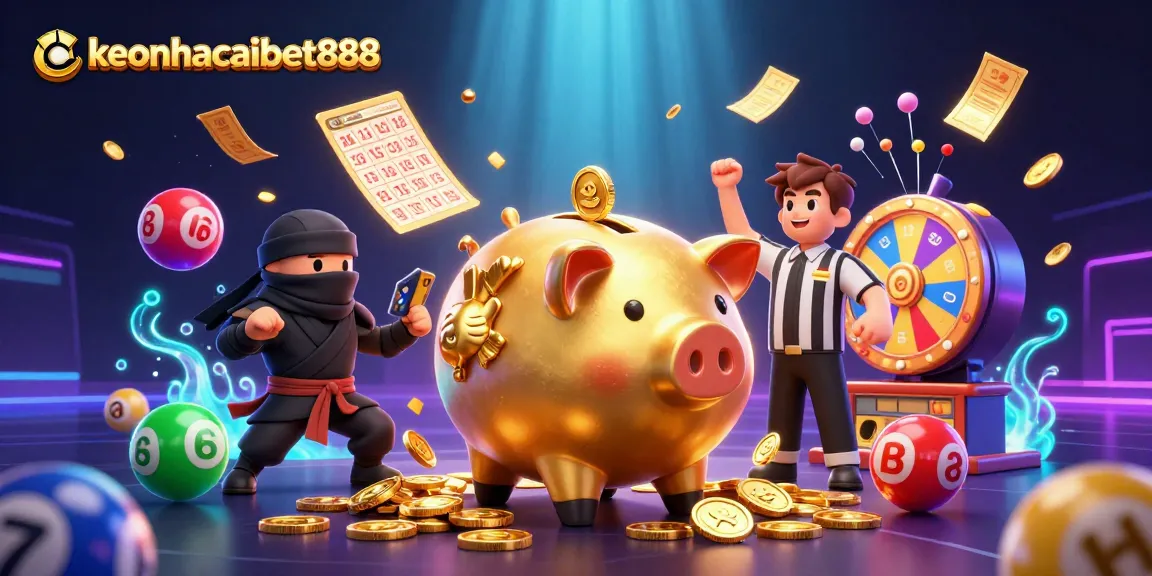 Witness the keonhacaibet888 gaming action, featuring a sumo wrestler and ninja in an energetic casino-themed battle.