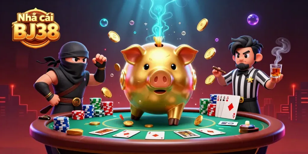 Engage with thrilling bets at Nhà cái BJ38, featuring an action-packed casino scene with iconic characters.