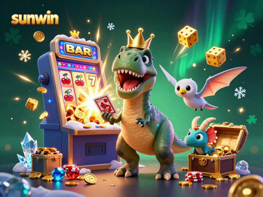 Win big with sunwin as a T-Rex shuffles cards beside a slot machine jackpot burst.
