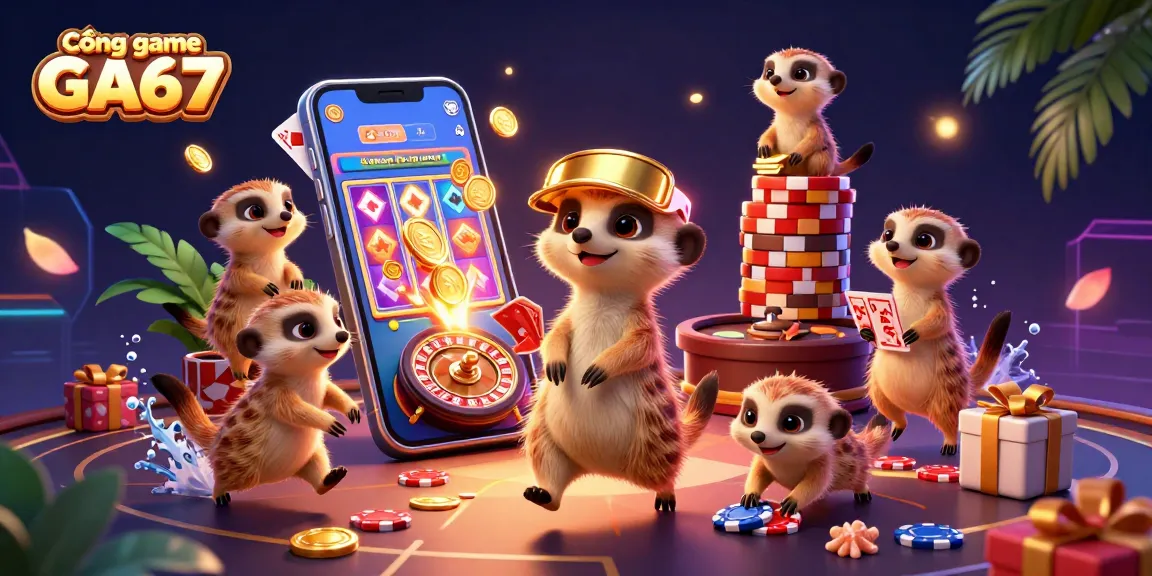 Cổng game GA67 features a vibrant meerkat casino scene with gaming elements and dynamic action.