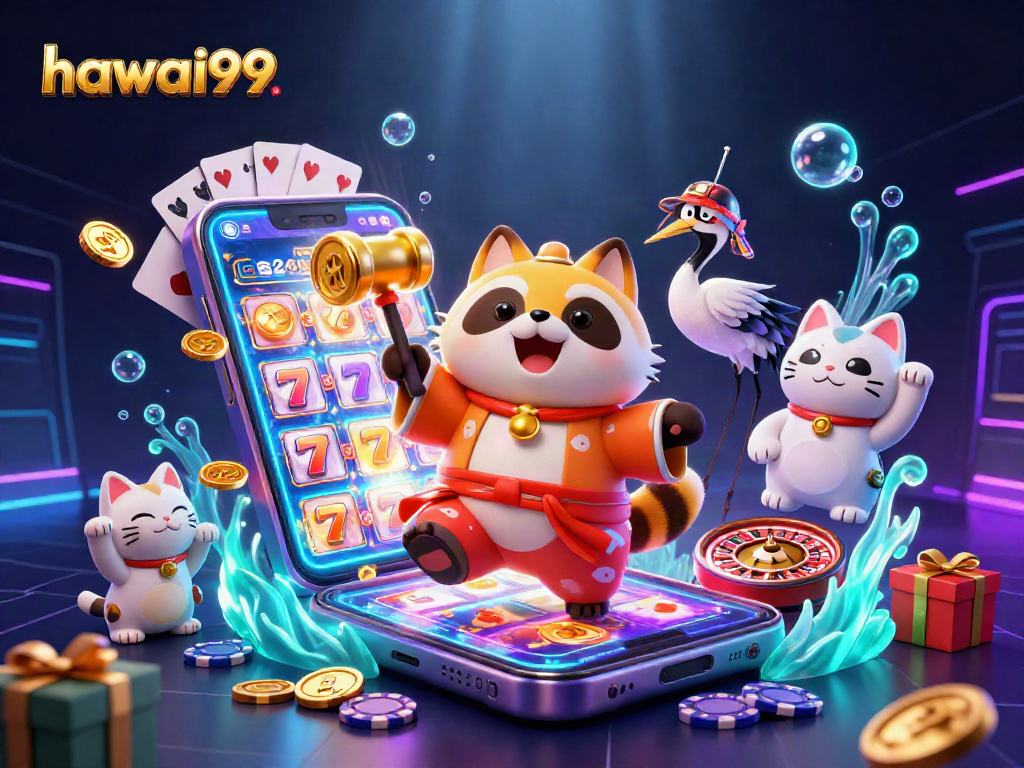 Join the fun at hawai99 with a vibrant casino-themed illustration showcasing festive characters and games.