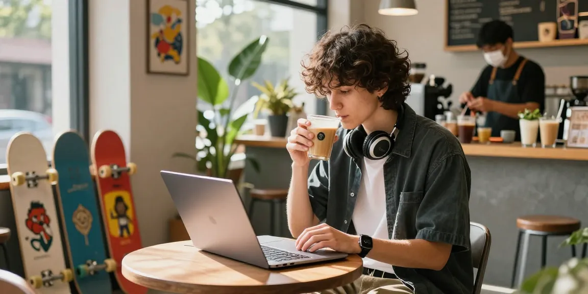 Person enjoying coffee while browsing the internet at a cafe, showcasing the rokok88 lifestyle.