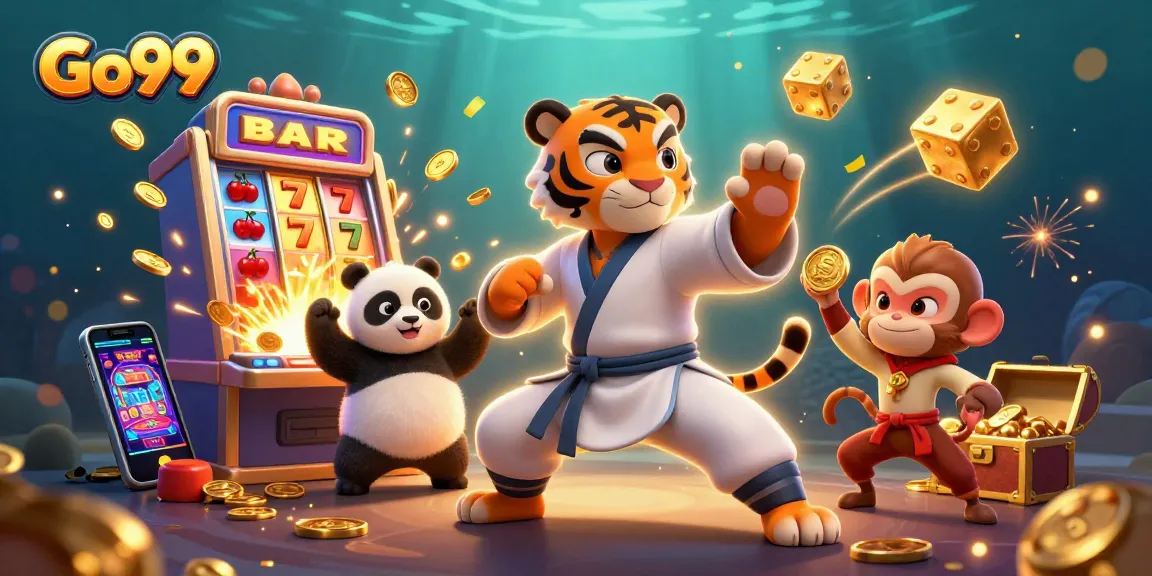 Experience thrilling gameplay with Go99 as playful characters surround a dynamic slot machine scene bursting with excitement.