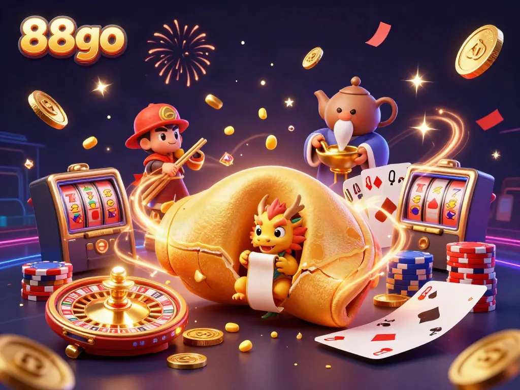 Experience the excitement of 88go with a vibrant 3D casino scene featuring golden fortune cookie elements.