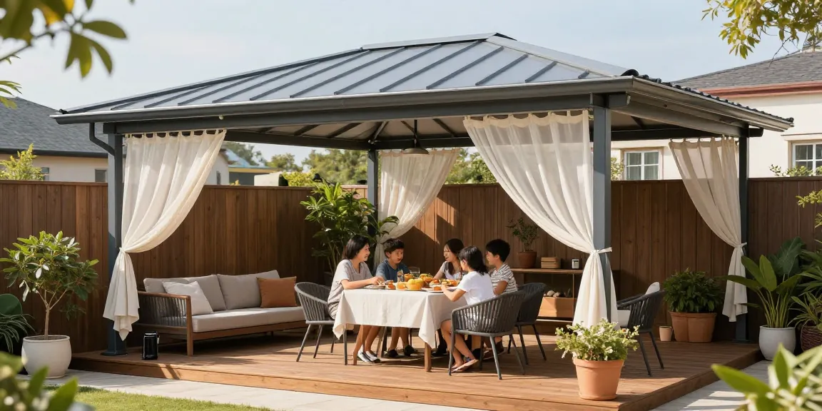Stylische Terrassenüberdachung aus Aluminium, die eine Familie im Schatten während des Essens schützt.