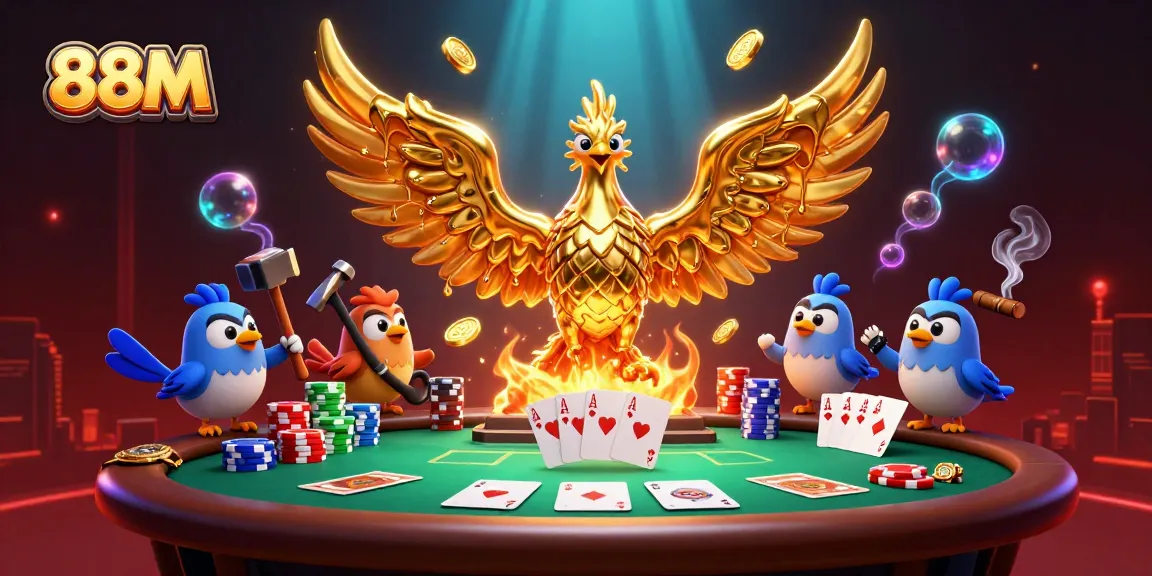 Experience the thrill at 88M with a golden phoenix and poker elements in a vibrant casino scene.