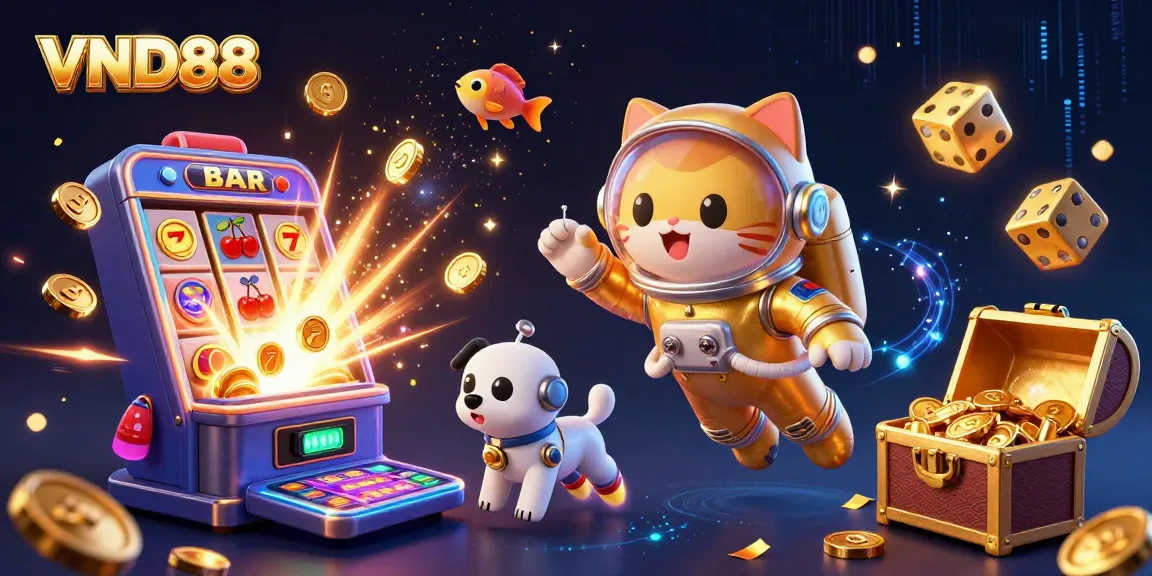 Play exciting games at VND88 with a dynamic scene featuring a cat astronaut and vibrant casino elements.
