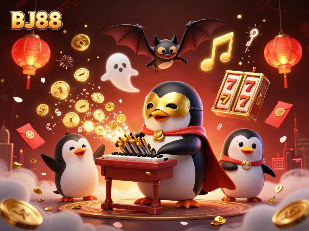 BJ88 Casino featuring a vibrant scene with a masked penguin organist releasing coins, surrounded by rich casino elements.