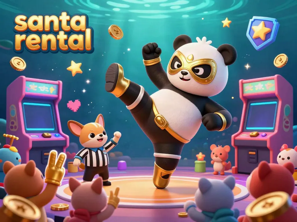 Experience the thrill of santa rental events with an action-packed scene featuring a wrestling panda and excited fans!