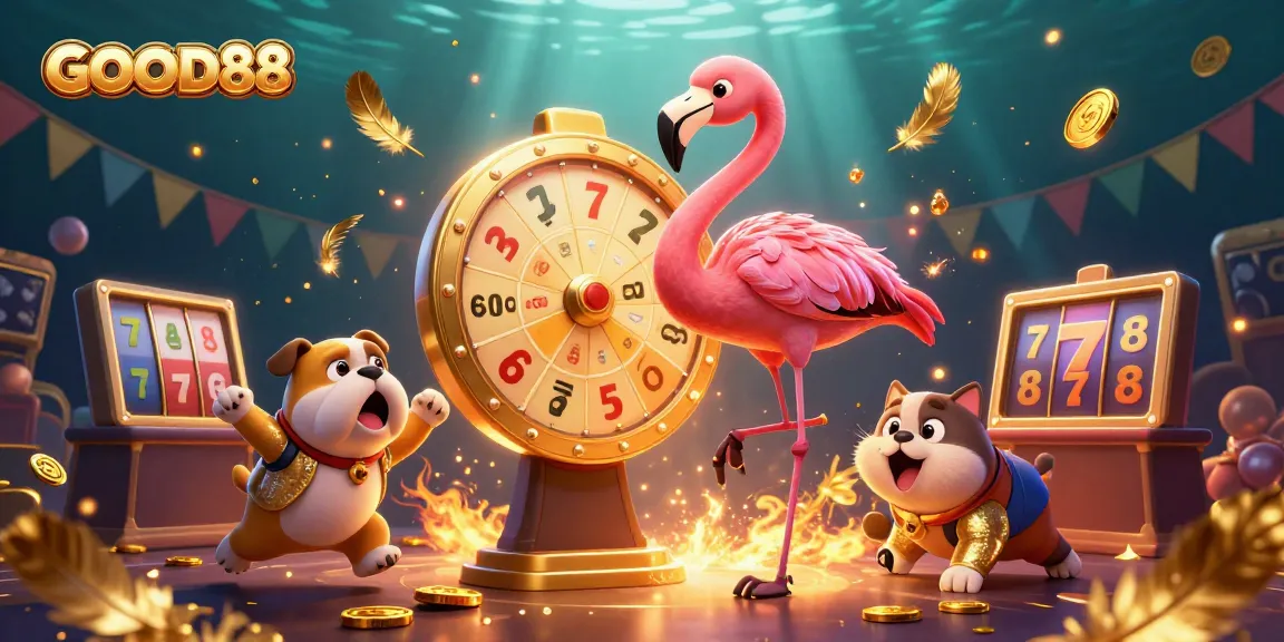 Experience excitement with GOOD88 while spinning the golden prize wheel amidst casino elements.