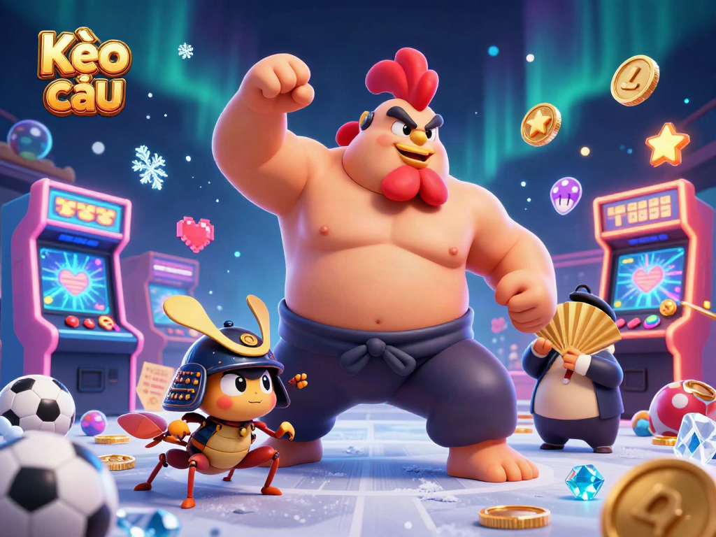 Engaging scene of Kèo nhà cái with a powerful sumo wrestler rooster and fierce cricket showcasing dynamic sports betting elements.
